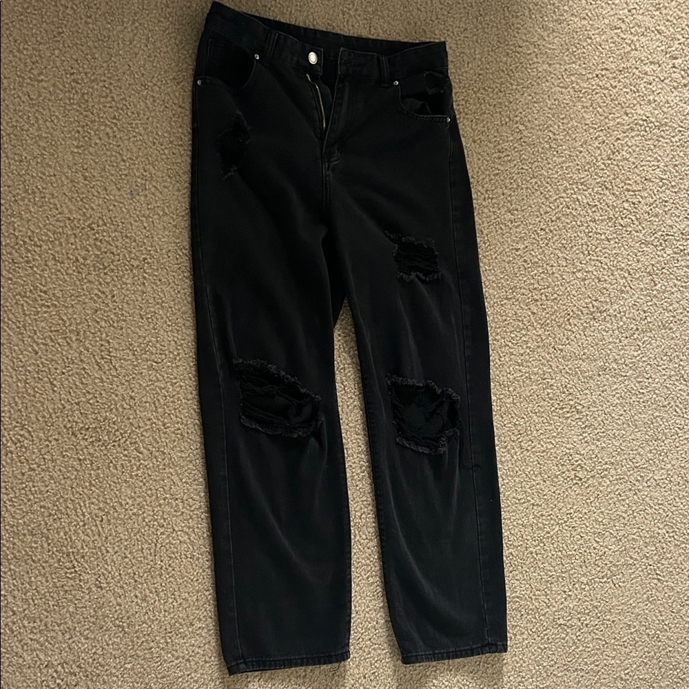 SHEIN Black Ripped Straight Leg Jeans